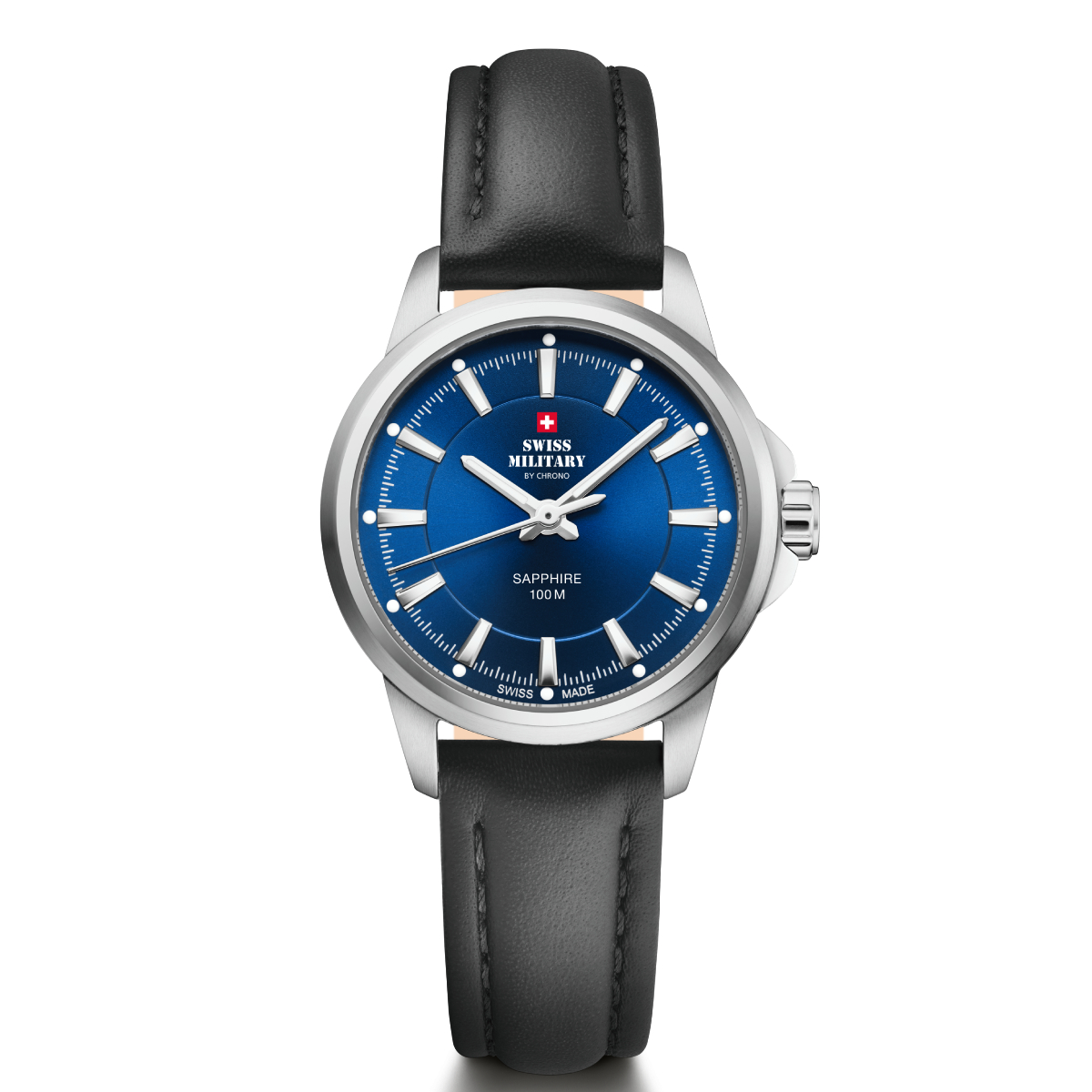 SWISS MILITARY Ladies Blue Dial Black Leather Strap Classic Dress Watch SM34105.10