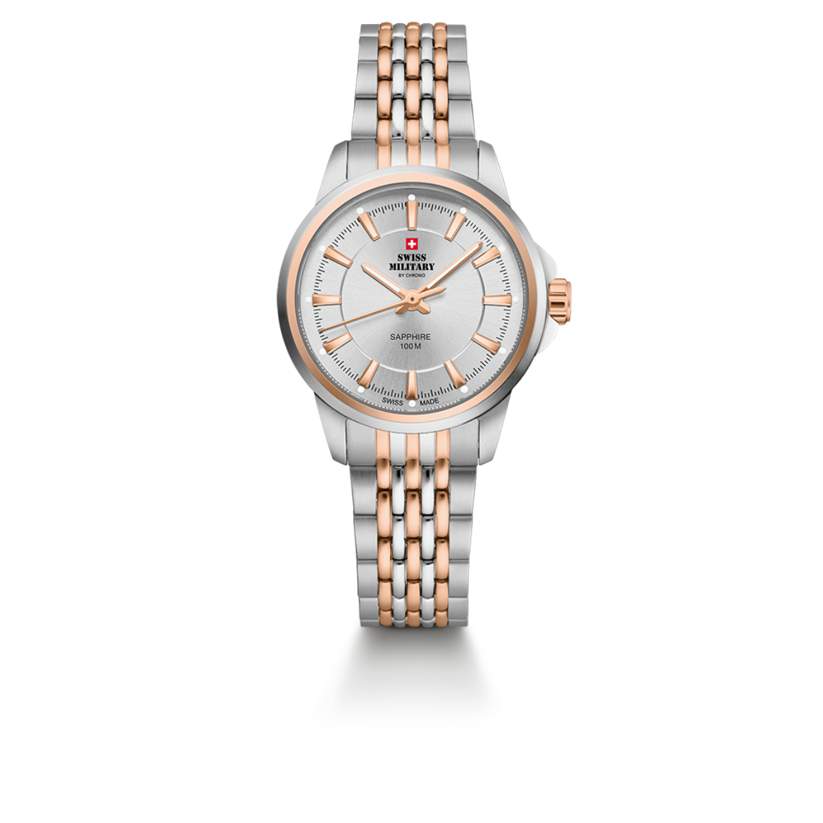 SWISS MILITARY Ladies Silver Dial 2-Tone Steel & Rose Gold Bracelet Classic Dress Watch SM34105.07